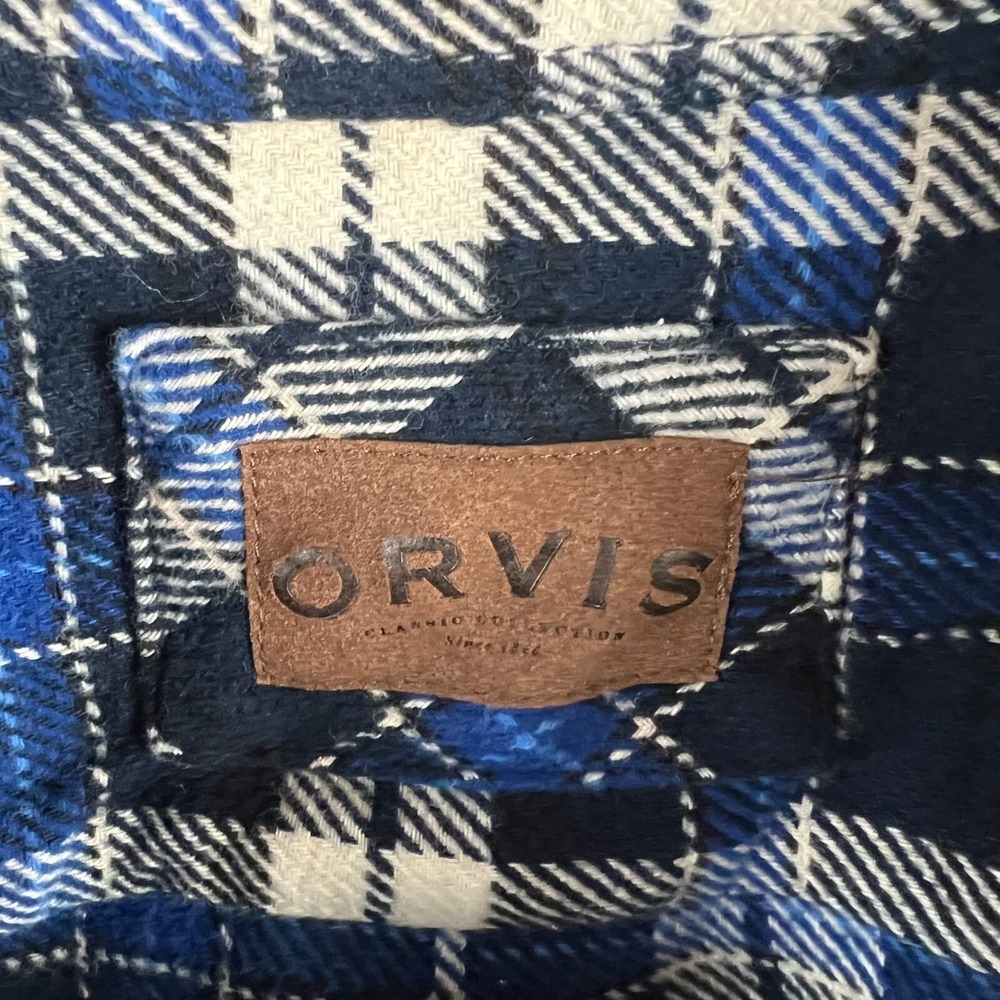 Orvis Shirt Mens Extra Large Heavyweight Flannel Blue Plaid Pockets Shacket - Picture 9 of 14